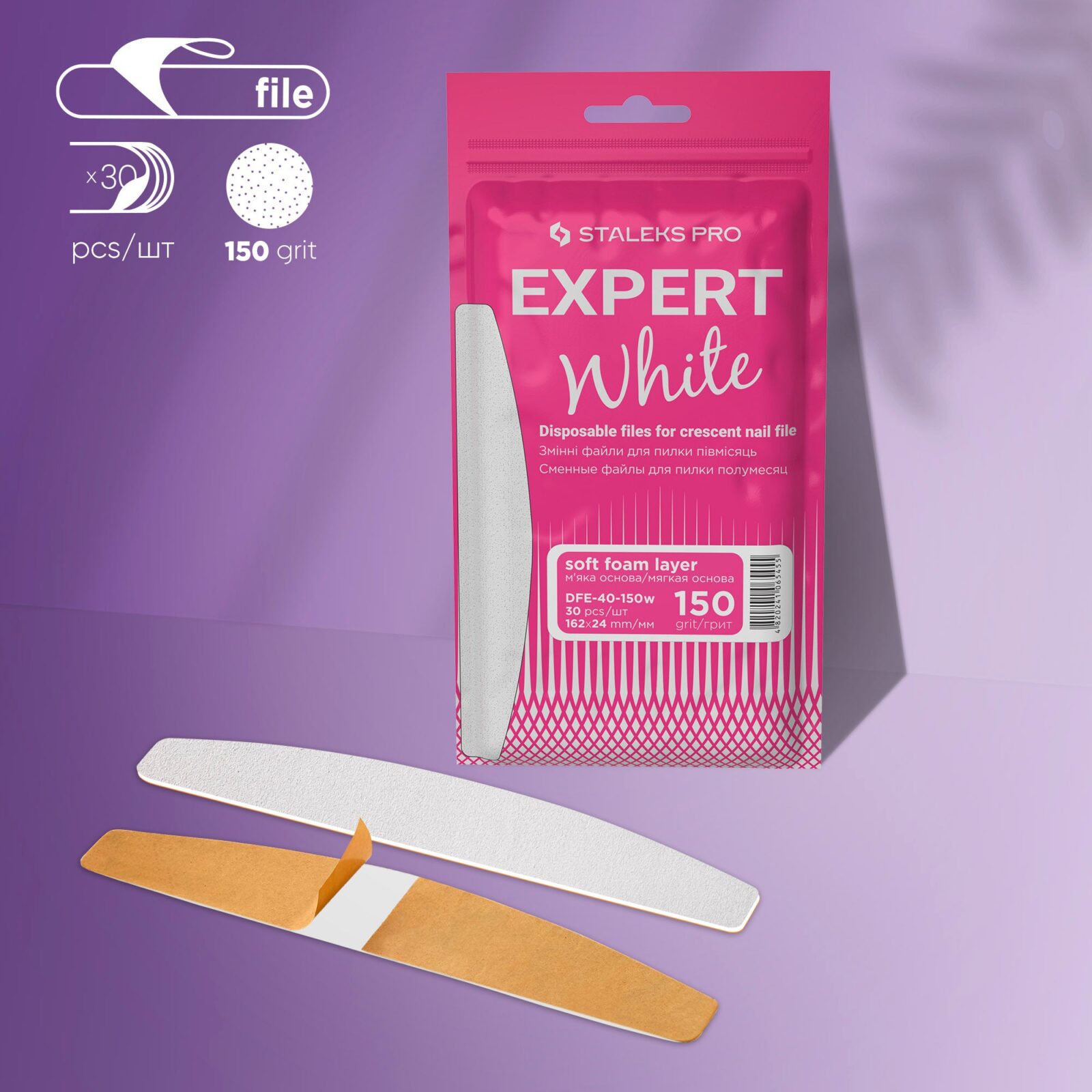 Disposable White Files For Crescent Nail File On A Soft Foam Layer EXPERT 150 grit (30 Pcs)